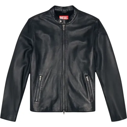 Schwarze Leder Rennjacke Gealterter Look - Diesel - Modalova