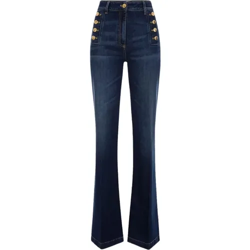 Stretch Denim Palazzo Hose mit Seitlichen Knöpfen , Damen, Größe: W28 - Elisabetta Franchi - Modalova