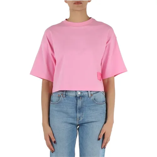 Cropped Cotton T-shirt with Logo , female, Sizes: XS - Replay - Modalova