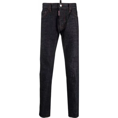 Dunkelblaue Gerades Jeans mit Leder-Logo-Print , Herren, Größe: M - Dsquared2 - Modalova