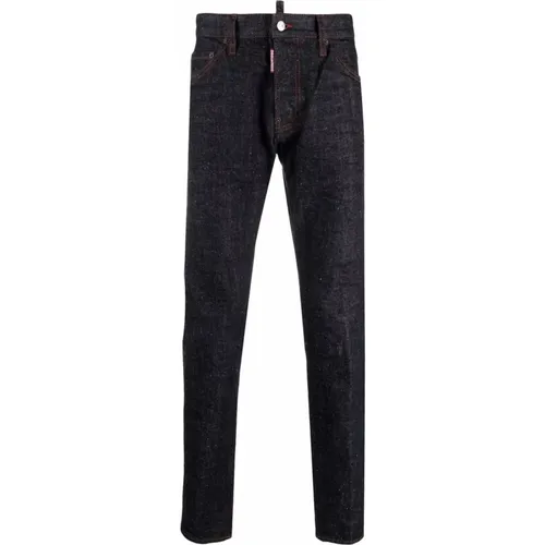Dunkelblaue Straight Jeans mit Leder-Logo-Print - Dsquared2 - Modalova