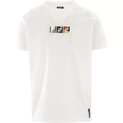 Weiße Baumwoll-Jersey-T-Shirt mit Triple FF Stickerei - Fendi - Modalova