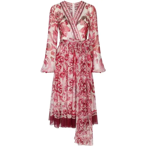 Fuchsia Seidenchiffon-Kleid mit Maiolica-Print - Dolce & Gabbana - Modalova