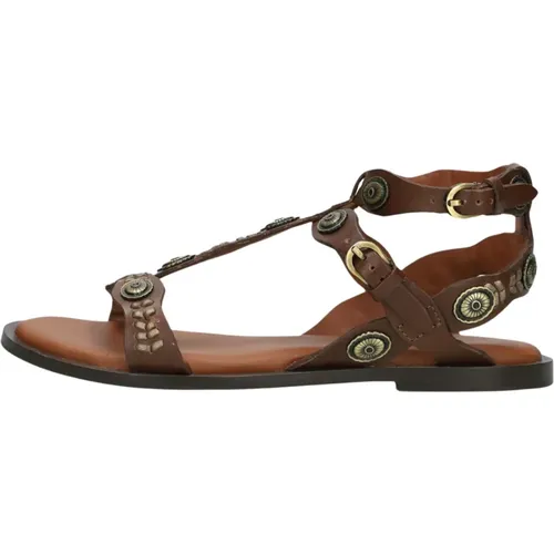 Braune Ledersandalen mit Gold Details , Damen, Größe: 37 EU - Bronx - Modalova