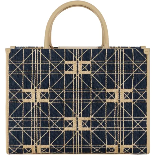 Mittelgroße Jacquard Shopper Tasche mit Kunstleder-Details - Elisabetta Franchi - Modalova