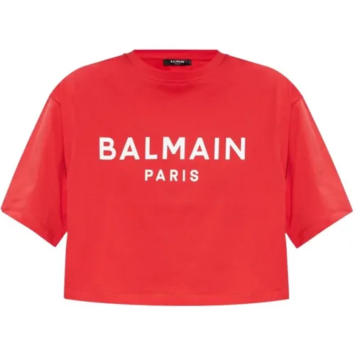 Rotes Logo-Print Crew Neck T-Shirt , Damen, Größe: S - Balmain - Modalova