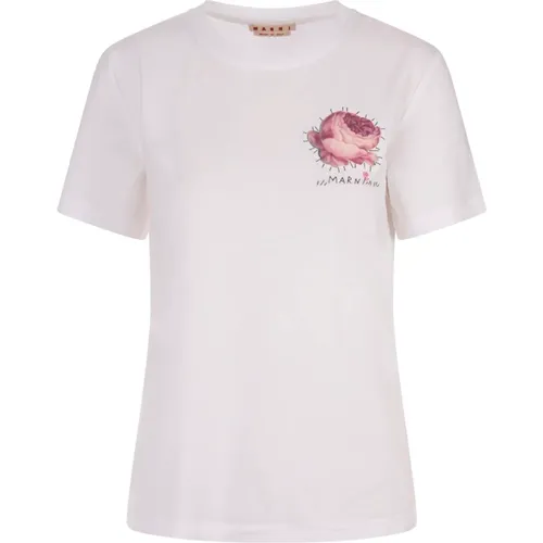 Weißes Blumenapplikation Crew-Neck T-shirt , Damen, Größe: 2XS - Marni - Modalova