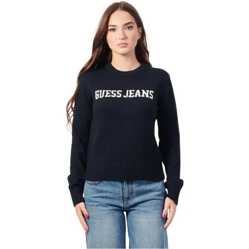 Blauer Rundhalsausschnitt Wollpullover , Damen, Größe: L - Guess - Modalova