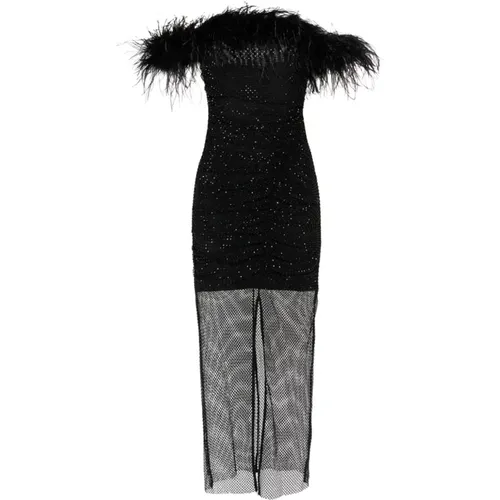 Schwarzes Midi-Kleid mit Off-Shoulder-Ausschnitt und Federn - Self Portrait - Modalova