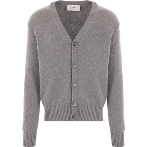 Grauer Cashmere-Strick-Cardigan,Grauer Cashmere Woll Cardigan Bestickt - Ami Paris - Modalova