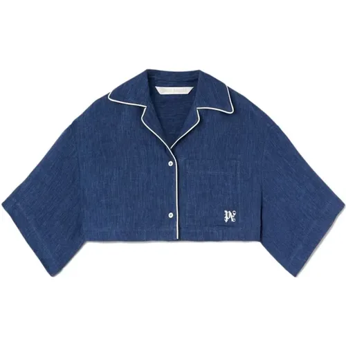 Indigo Linen Shirt with Embroidered Logo , female, Sizes: S, 2XS, XS - Palm Angels - Modalova