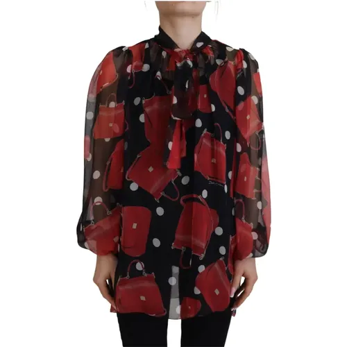 Schwarz Rote Sicily Tasche Seiden Shirt Top Bluse , Damen, Größe: XS - Dolce & Gabbana - Modalova