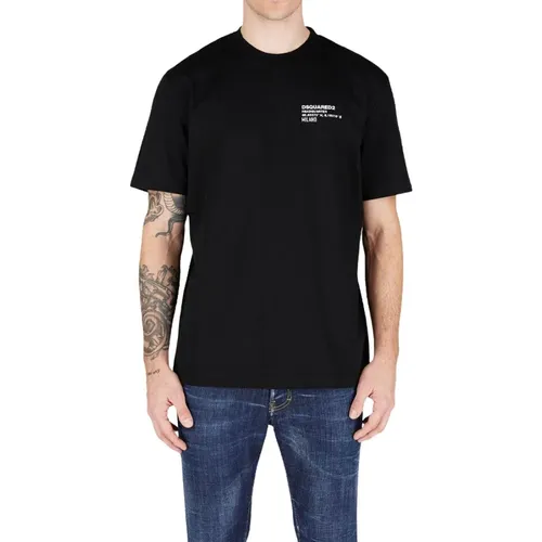 Schwarzes Baumwoll-T-Shirt mit weißem Druck , Herren, Größe: XL - Dsquared2 - Modalova