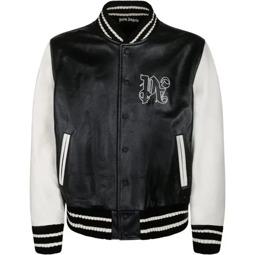 Varsity Leather Jacket Off White , male, Sizes: L - Palm Angels - Modalova