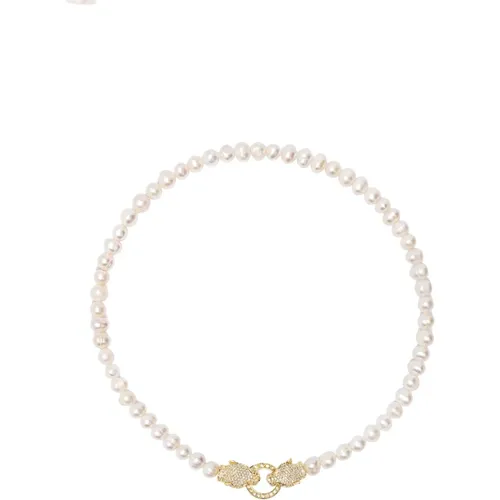 Women's Pearl Choker with Gold Double Panther Head , female, Sizes: 3XS/2XS - Nialaya - Modalova