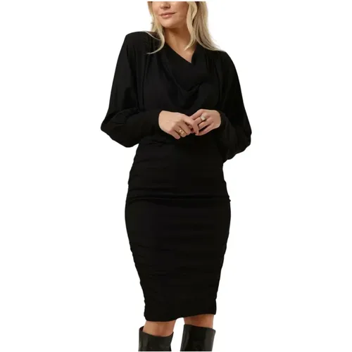 Schwarzes Midi-Kleid mit Wasserfallkragen , Damen, Größe: S - Gestuz - Modalova