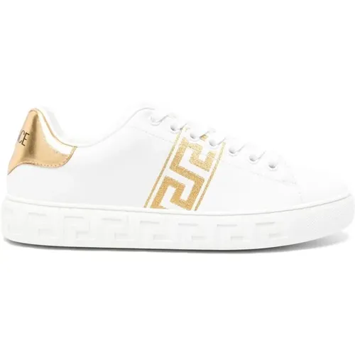 Ivory Gold Sneakers Greca Bestickt , Damen, Größe: 37 1/2 EU - Versace - Modalova