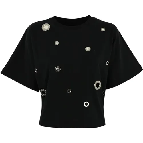 Schwarzes Baumwoll-Dament-Shirt mit Nieten , Damen, Größe: L - Liviana Conti - Modalova