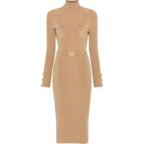 Beige Kamel Langes Kleid mit Goldenen Knöpfen , Damen, Größe: XS - Elisabetta Franchi - Modalova