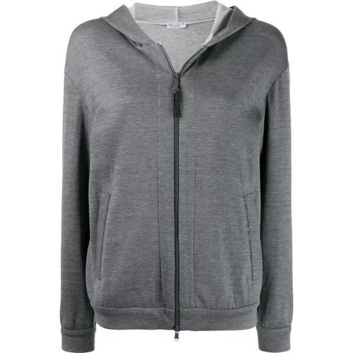 Grauer Seiden-Baumwollmix Reißverschluss Hoodie , Damen, Größe: M - BRUNELLO CUCINELLI - Modalova