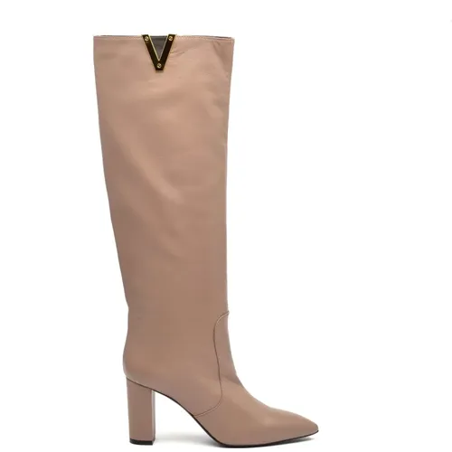 Beiger Lederstiefel 8cm Absatz , Damen, Größe: 35 EU - Via Roma 15 - Modalova