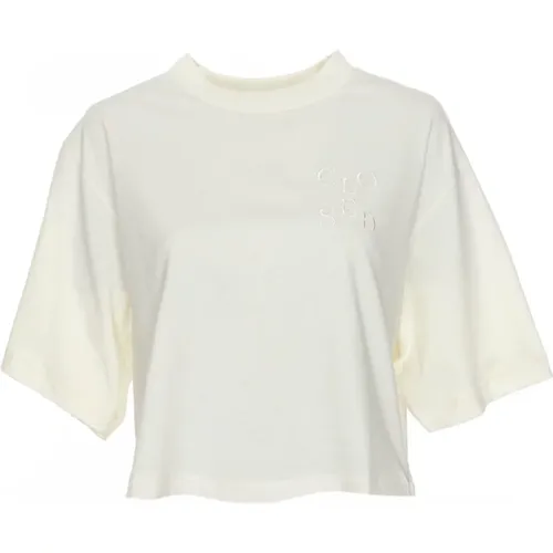 Cropped T-Shirt mit geripptem Rundhalsausschnitt - closed - Modalova