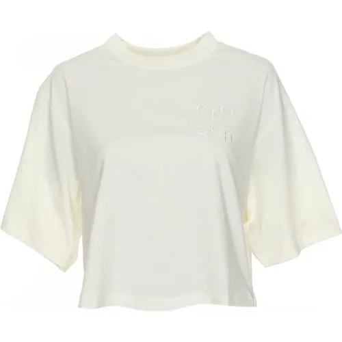 Cropped T-Shirt mit geripptem Rundhalsausschnitt , Damen, Größe: L - closed - Modalova