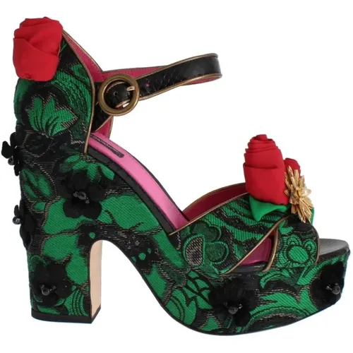 Grüne Brokat Rosen Kristall Keilabsätze - Dolce & Gabbana - Modalova
