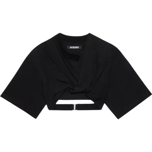 Asymmetrisches Schwarzes T-Shirt mit Geripptem Ausschnitt , Damen, Größe: S - Jacquemus - Modalova