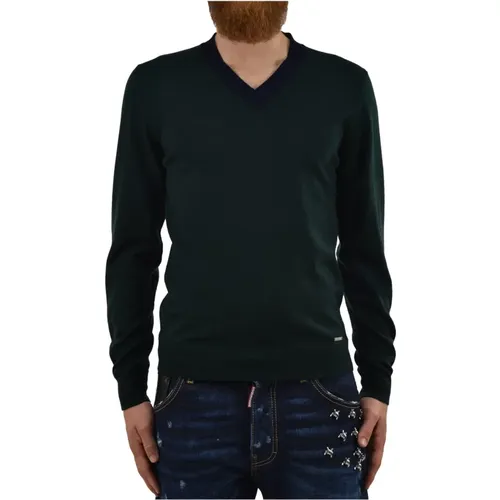 Grüner Woll Herren V-Ausschnitt Pullover mit Ellbogen Patches - Dsquared2 - Modalova