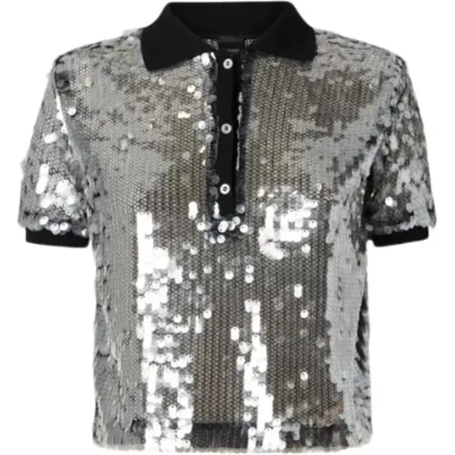 Sequin Mesh Polo Top , female, Sizes: 2XS, XS - pinko - Modalova