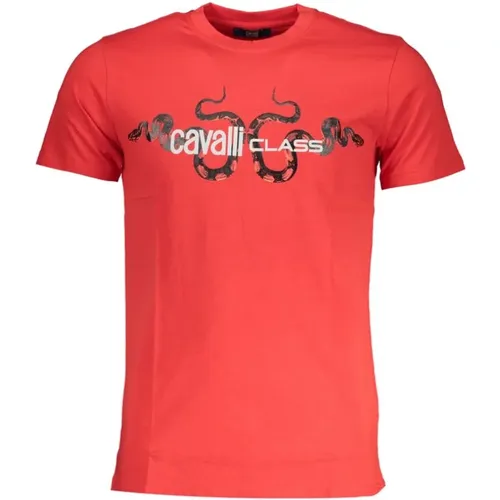 Rotes Baumwoll-T-Shirt mit Print-Logo , Herren, Größe: M - Cavalli Class - Modalova