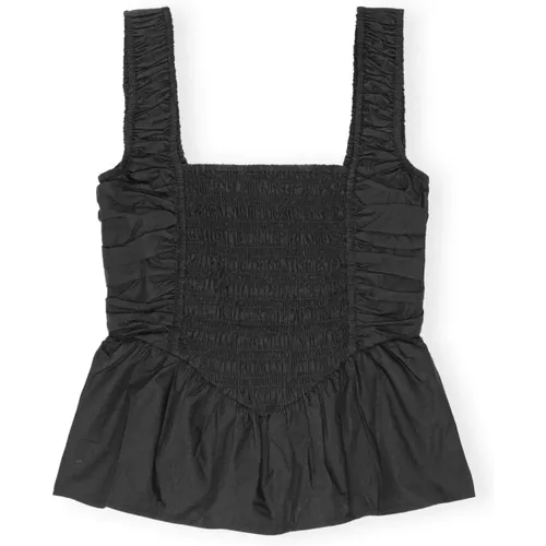 Schwarze Popeline Smock Strap Bluse , Damen, Größe: S - Ganni - Modalova