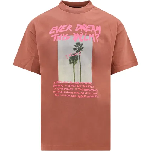 Braunes Geripptes T-Shirt mit Fluoreszierendem Druck - Palm Angels - Modalova