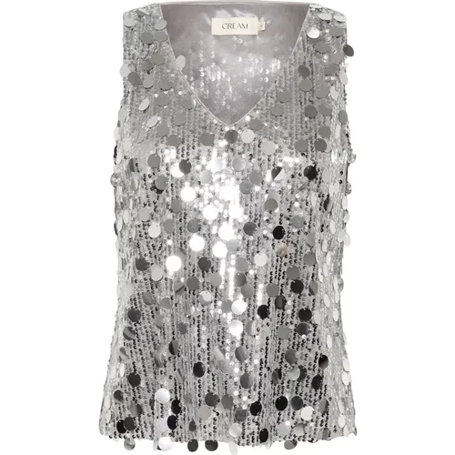 Glitzernde Silber Pailletten Party Top , Damen, Größe: L - Cream - Modalova