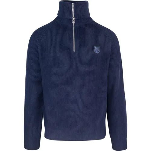 Blauer Merinowollpullover mit Fuchspatch,Blauer Pullover mit Fettem Fox Patch - Maison Kitsuné - Modalova