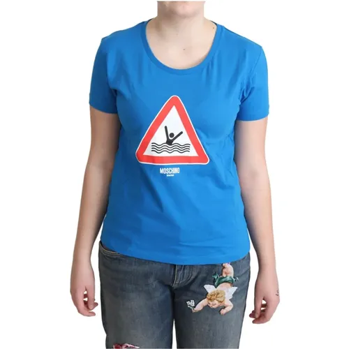 Blaues Dreieck Grafik Baumwoll-Tee , Damen, Größe: L - Moschino - Modalova