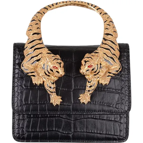 Snake-Embossed Leather Shoulder Bag with Crystal-Embellished Tiger Handle , female, Sizes: ONE SIZE - Roberto Cavalli - Modalova