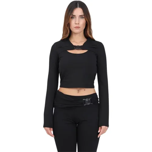 Schwarze T-Shirts und Polos mit V-Emblem Logo , Damen, Größe: S - Versace Jeans Couture - Modalova