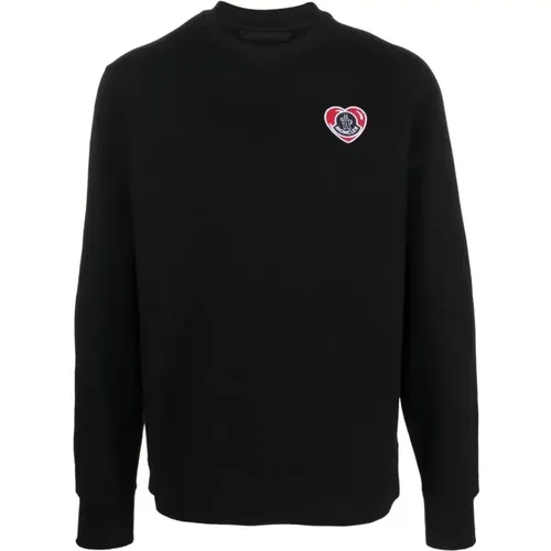 Heart Logo-Patch Cotton Sweatshirt , male, Sizes: L, S - Moncler - Modalova