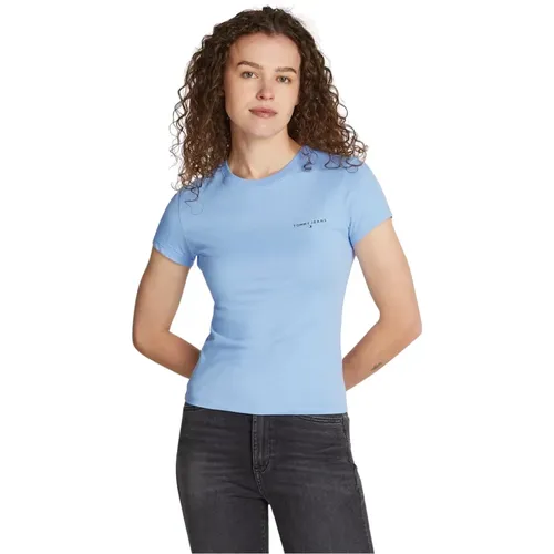 Blau Bedrucktes Baumwoll-T-Shirt , Damen, Größe: L - Tommy Jeans - Modalova