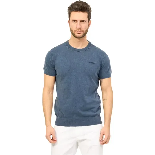 Blaues Rippstrick-Rundhals-T-Shirt , Herren, Größe: XL - Guess - Modalova