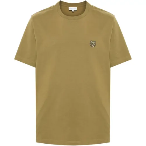Mutiger Fuchskopf Patch Grünes T-Shirt , Herren, Größe: L - Maison Kitsuné - Modalova