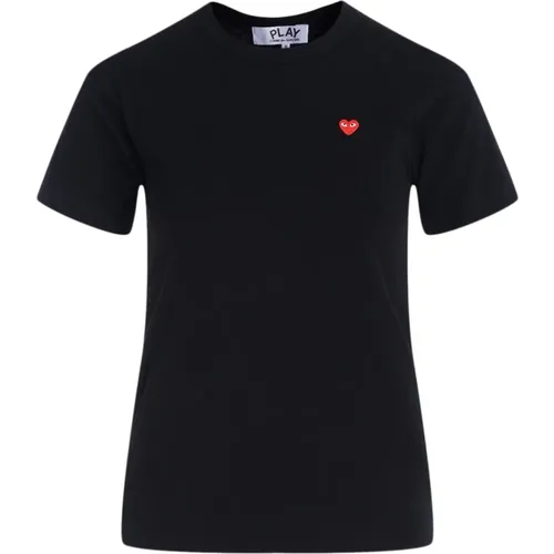 Schwarzes T-Shirt mit kurzen Ärmeln und kleinem roten Herz - Comme des Garçons Play - Modalova