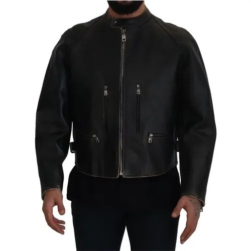 Leather Zipper Biker Coat Jacket , male, Sizes: 2XL - Dolce & Gabbana - Modalova
