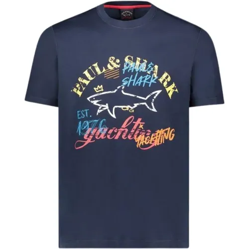 Bio-Baumwolle Hai-Print T-Shirt , Herren, Größe: L - PAUL & SHARK - Modalova