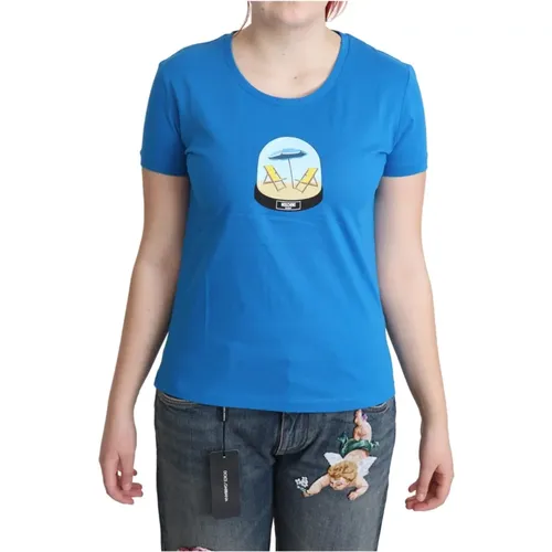 Blau Bedrucktes Baumwoll-Kurzarm-T-Shirt , Damen, Größe: M - Moschino - Modalova