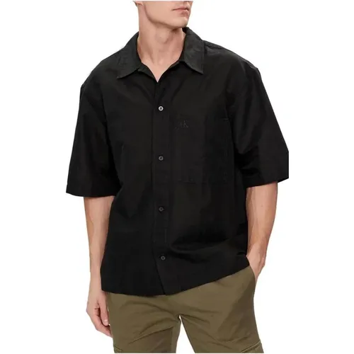 Schwarzes Leinen-Baumwollhemd mit Kurzen Ärmeln , Herren, Größe: L - Calvin Klein Jeans - Modalova
