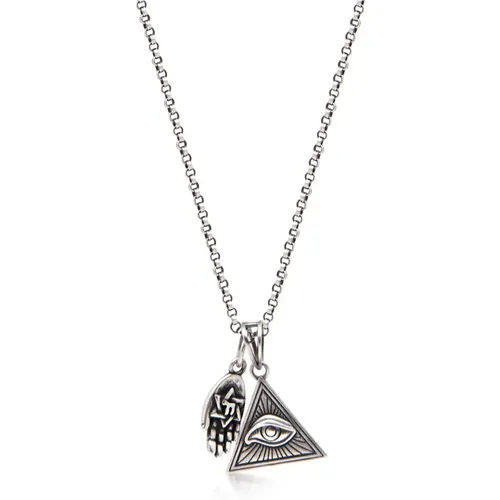 Men& Silver Necklace with Eye of Ra Triangle and Hamsa Hand Pendant , male, Sizes: ONE SIZE - Nialaya - Modalova
