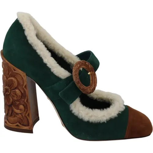 Suede Fur Shearling Mary Jane Shoes , female, Sizes: 6 UK - Dolce & Gabbana - Modalova